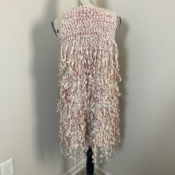 Umgee Women’s Cream Red Bohemian Fringed Open Cardigan Vest Sleeveless Knit - Picture 3 of 5